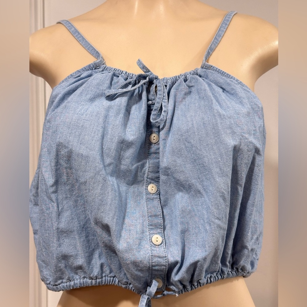 Madewell Women's Size Smaller Chambray Meriden Bubble Crop Top Vineshire Wash S
